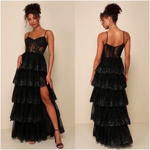 LULU’S Alluring Sensation Black Tulle Embroidered Tiered Maxi Dress